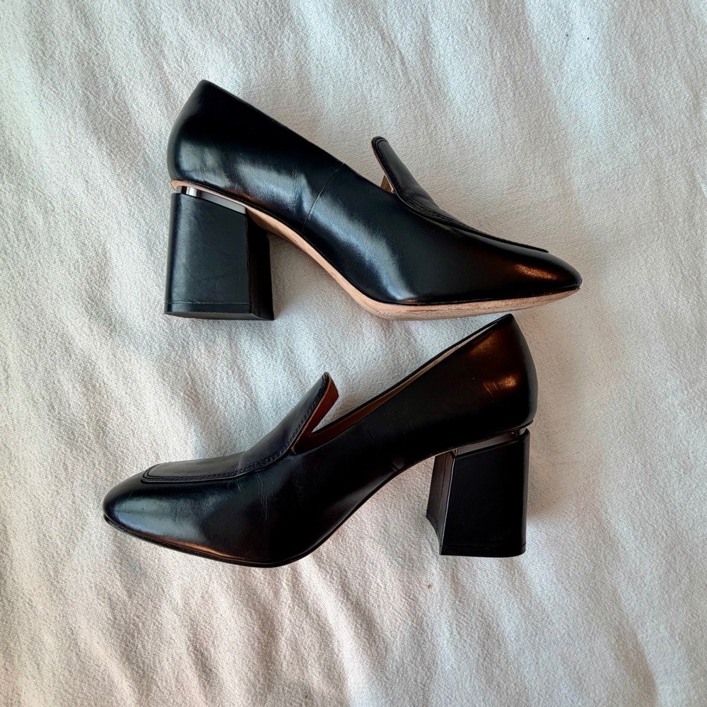 Antonio Melani Black Leather Loafer Pumps Square Toe Block Heel Womens 8.5M - Picture 9 of 11